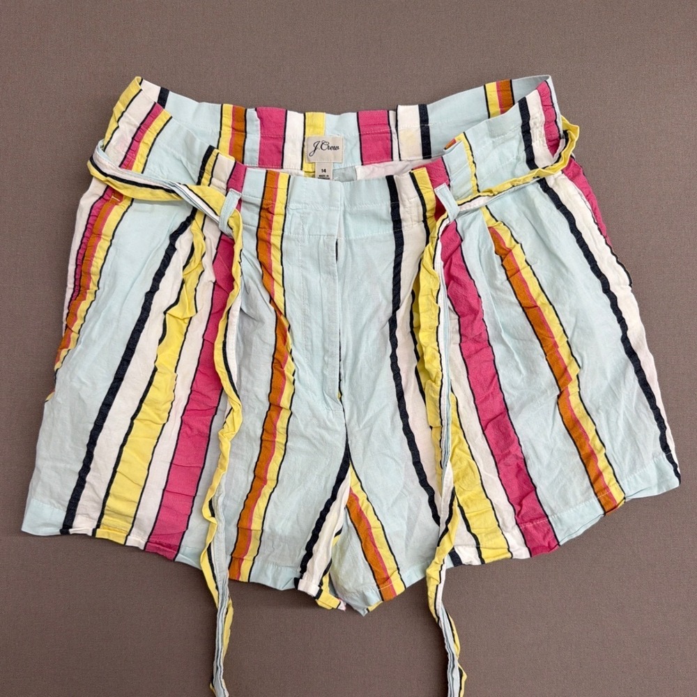 J.Crew Womens Multi Color Striped Ruffle Tie Waist Shorts Size 14 Pink Yellow